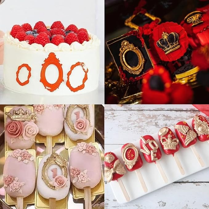 Vintage Picture Frame Fondant Mold Baroque Style Crown Rose Flower Silicone Mold for Chocolate Sugarcraft Cupcake Topper Jewelry Polymer Clay Crafting Projects
