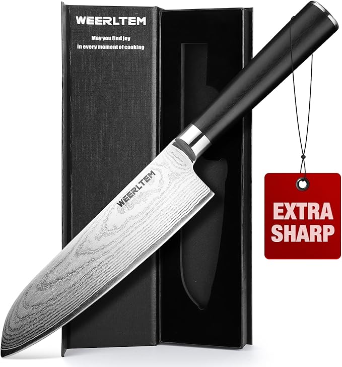 Japanese Damascus Santoku Chef Knife 7''（Mirror finish blade）, 67-Layer VG10 Damascus steel & Black G10 Handle for Cooking Kitchen (Gift Box)