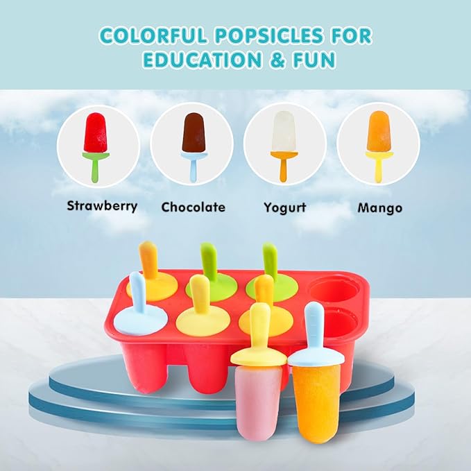 Miaowoof Silicone Popsicles Molds for Toddlers, 8-Cavity Non-BPA Premium Silicone Small Popsicle Molds, Ice Pop Mold with 8 Colorful Reusable Sticks for Kids (Red)