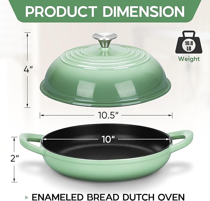 E-far Dutch Oven for Sourdough Bread Baking, 6 Qt Round Enameled Cast Iron Dutch Oven for Homemade Artisan Bread, Dome Lid & Shallow Base, Matte Black Interior & Durable, Oven-Safe to 500℉, Green