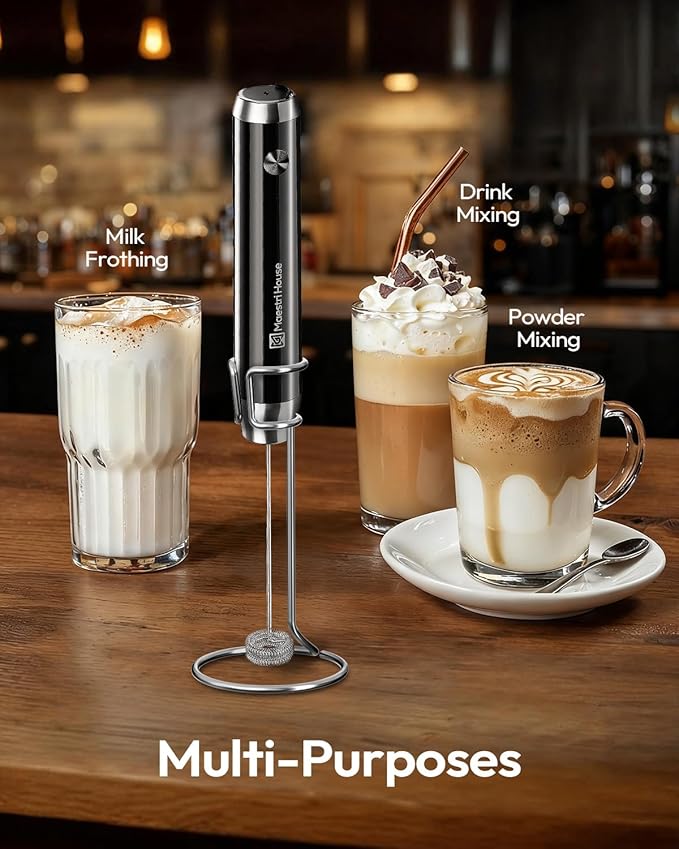 Maestri House Rechargeable Milk Frother with Stand, LunaFro Handheld Electric Foam Maker Waterproof Detachable Stainless Steel Whisk Drink Mixer Foamer for Lattes, Cappuccino