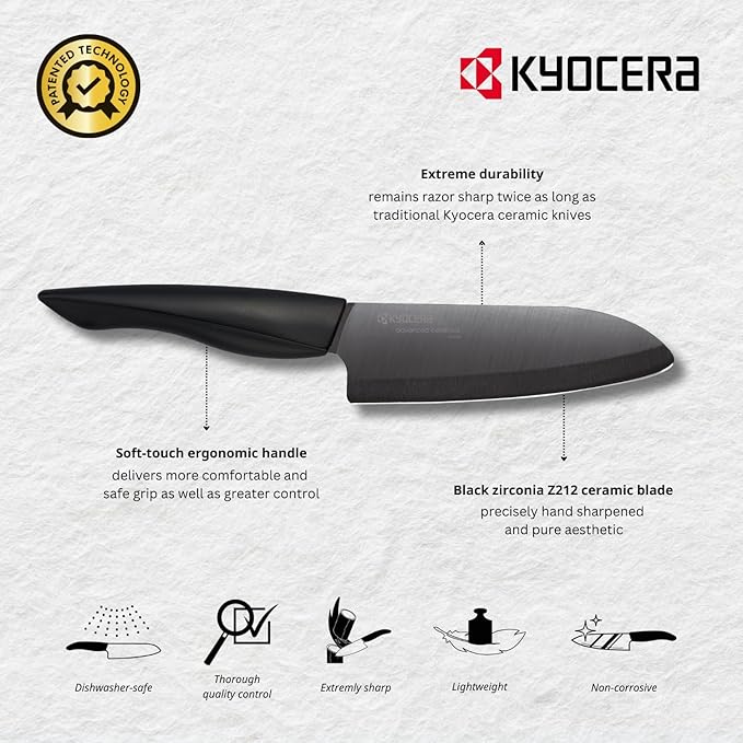Kyocera Innovation Series Ceramic 4.5" Utility Knife with Soft Touch Ergonomic Handle, Black Blade, Black Handle
