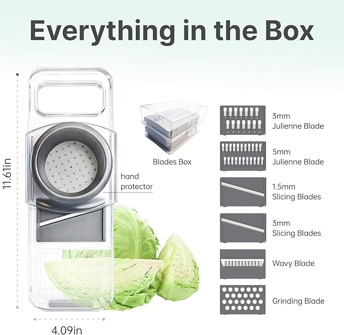 Multifunctional Handheld Mandoline Slicer for Kitchen – Sharp Vegetable Cutter with Safety Guard, 6‑in‑1 Cucumber Slicer & Grater, Crystal-Clear One-Piece Body, Easy to Clean, Sturdy & Compact