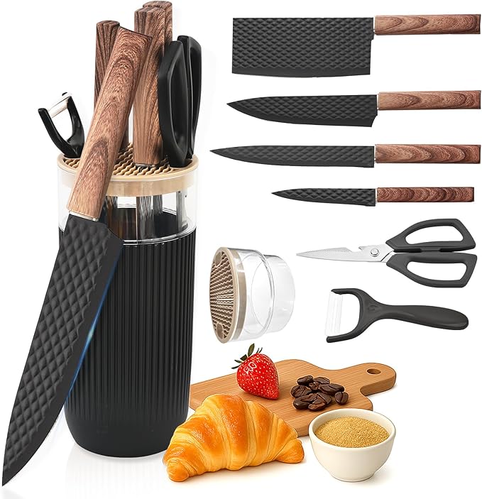Knife Set, 7-Piece Kitchen Knife Set with Sharp Chef and Meat Knives, Anti-Rust Utility Knives Set for Kitchen, Kitchen Knife Block Set – Black