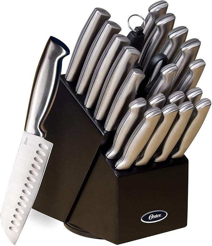 Oster Baldwyn High-Carbon Stainless Steel Kitchen Knife Cutlery Block Set, 22-Piece, Brushed Satin