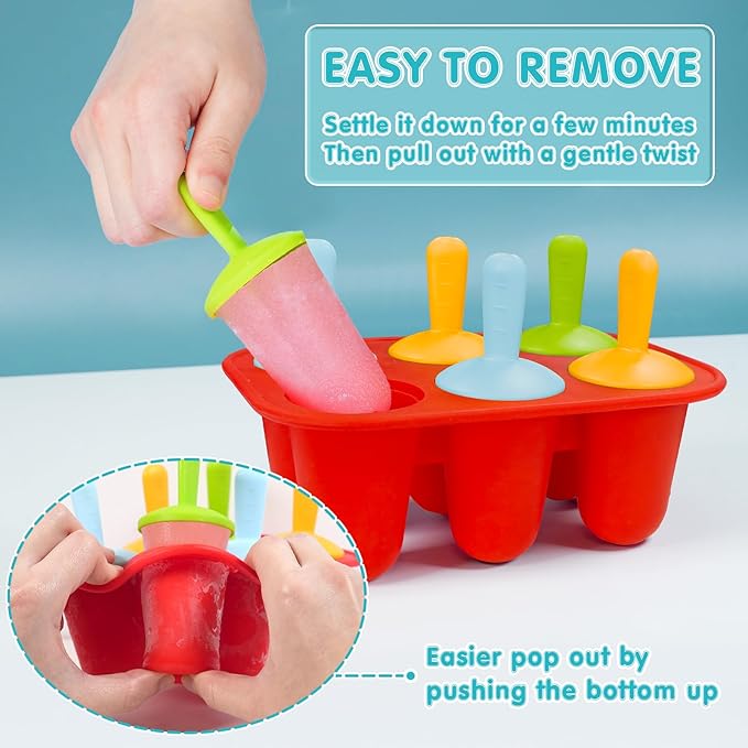 Miaowoof Silicone Popsicles Molds for Toddlers, 6-Cavity Non-BPA Premium Silicone Small Popsicle Molds, Ice Pop Mold with 6 Colorful Reusable Sticks for Kids (Red)