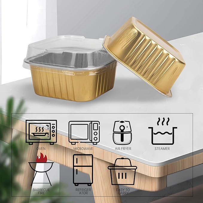 50 Pcs Mini Square Baking Cups with Lids,5oz Aluminum Foil Mini Cake Pans with Lids,Disposable Ramekins Cake Pans,150ml Dessert Cups Cupcake Pans for Wedding Birthday Party,Gold