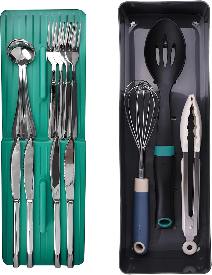 Linoroso Silverware Drawer Organizer with 4 Compartments, Adjustable, BPA Free, Silverware Drawer Organizer - Green