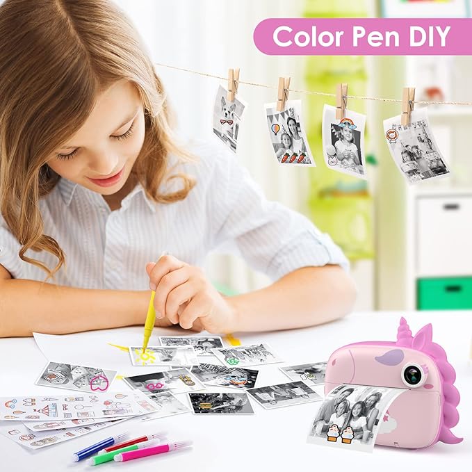Kids Camera Instant Print, Selfie Digital Camara for Kids with Print Paper & 32G Card, 2.5K Video & Instant Print Camera with Color Pens for DIY, Fun Gift for Girls Boys 3-12 Years Old (Pink)