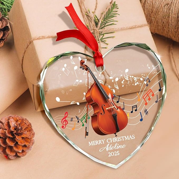 Personalized Contrabass Musical Instrument Glass Ornament, Customized Text Year Name Contrabass Player Ornaments Gift for Double Bass Lover Daughter Son, Best Double Bassist Glass Christmas Ornament