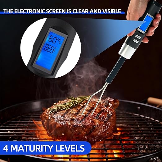 Digital Meat Thermometer Fork, Fast Read Grill Thermometer with LED Display and Stainless Steel Probes,Kitchen Probe with Long Fork,Suitable for Steak Chicken Pork Turkey Hot Grilled Food