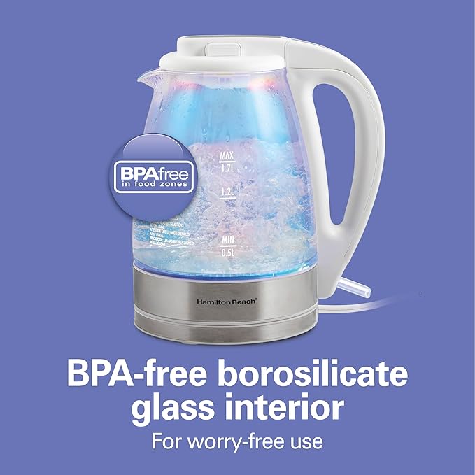 Hamilton Beach 1.7L Electric Tea Kettle, Water Boiler & Heater, LED Indicator, Built-In Mesh Filter, Auto-Shutoff & Boil-Dry Protection, Cordless Serving, Iridescent Clear Glass (41055)