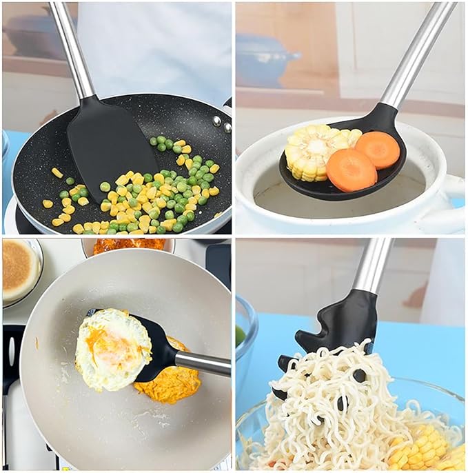 5Pcs Silicone Spatula Heat Resistant Long Large Spatulas Set for Nonstick Cookware, Rubber Pancake Fish Turner Spatula for Kitchen Use Silicone Cooking Kitchen Utensils Set Black