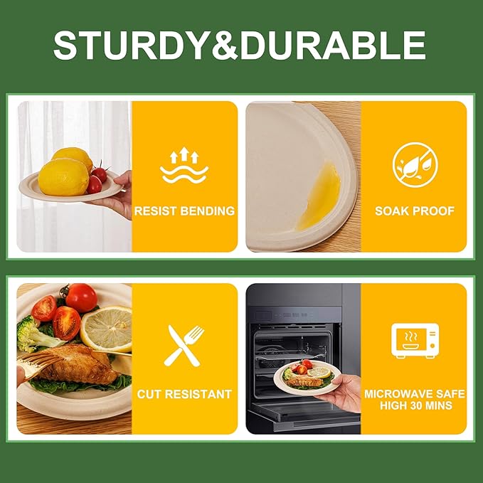 WELLIFE 7 Inch Paper Plates, 125-Pack Small Dessert Paper Plates Bulk, 100% Compostable Biodegradable Bagasse, Eco-Friendly Disposable Plate for Dessert,BBQ,Picnic,Party (BPI Certified,Microwaveable)