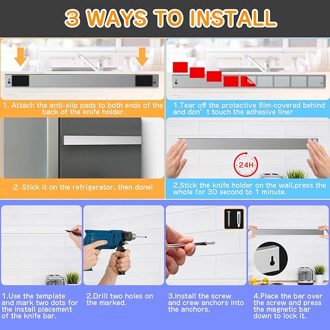 Ninonly 20 Inch Magnetic Knife Holder for Refrigerator, Stainless Steel Double Sided Magnet Knife Strip for Wall, No Drilling Magnetic Knife Rack with Powerful Magnetic Pull Force Fridge Applicable
