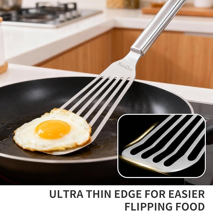 KSENDALO One-piece Fish Spatula Stainless Steel SUS304 - Thick Spatula with Flexible Thin Angled Blade Slotted Egg Flipper, Hollow Grip Metal Turner for Fish/Eggs/Omelettes, Dishwasher Safe