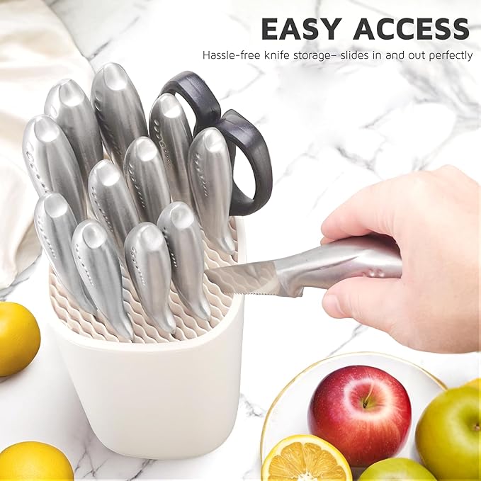 Universal Knife Block Holder for Kitchen, WELLSTAR Knife Stand without Knives, Safe Space Saver Large Volume Stable Knife Storage with Scissors Slot, Detachable for Easy Cleaning – Off-White