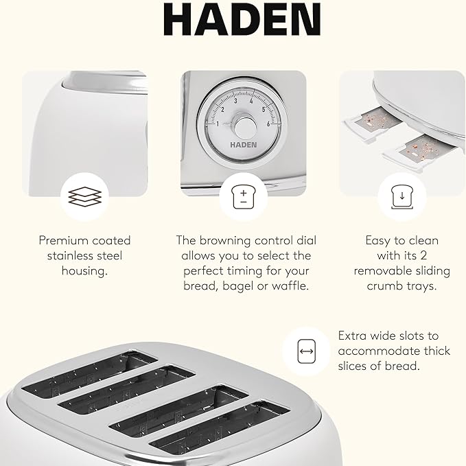 Haden Chelsea 4 Slice Wide Slot Toaster with Adjustable Browning Control, Ivory & Chrome