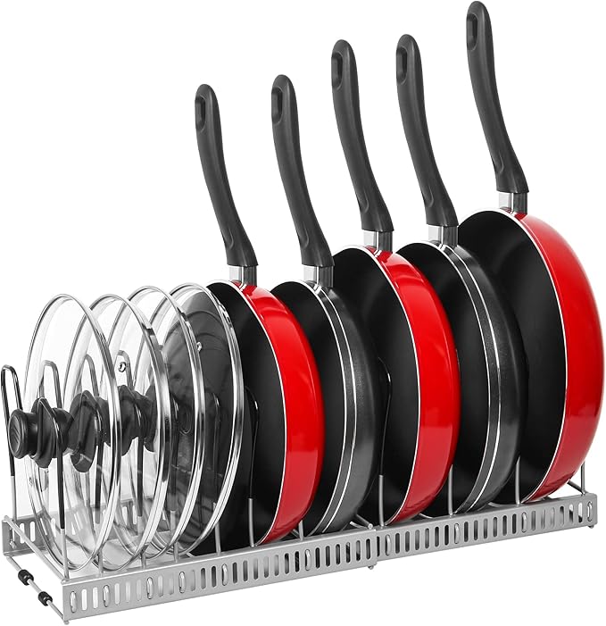 ROOHUA Pot Rack Organizer -Expandable Pot and Pan Organizer for Cabinet,Pot Lid Organizer Holder with 10 Adjustable Compartment for Kitchen Cabinet Cookware Baking Frying Rack