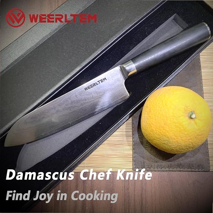 Japanese Damascus Santoku Chef Knife 7''（Mirror finish blade）, 67-Layer VG10 Damascus steel & Black G10 Handle for Cooking Kitchen (Gift Box)