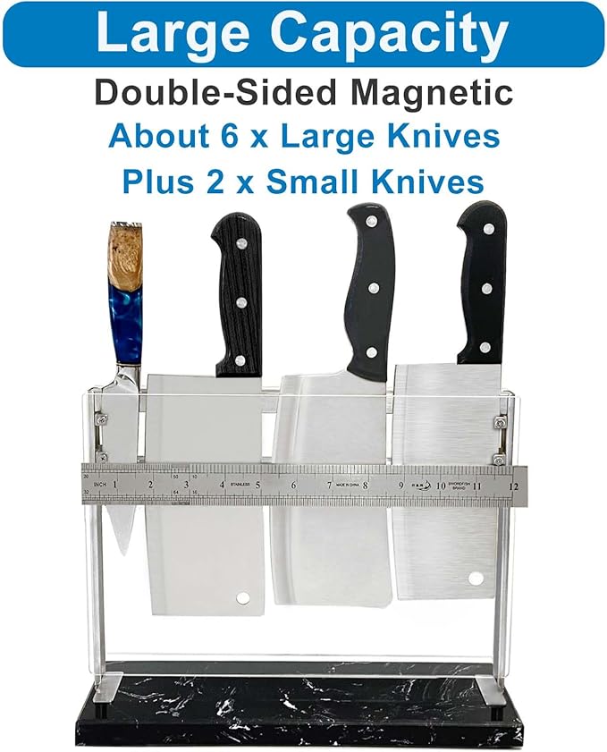 Acrylic Shield Magnetic Knife Block Holder - Marble Base Magnetic Knife Stand for Counter Top -Double Sided Magnetic Knife Holder -Stainless Steel Kitchen Knife Block without Knives -Black