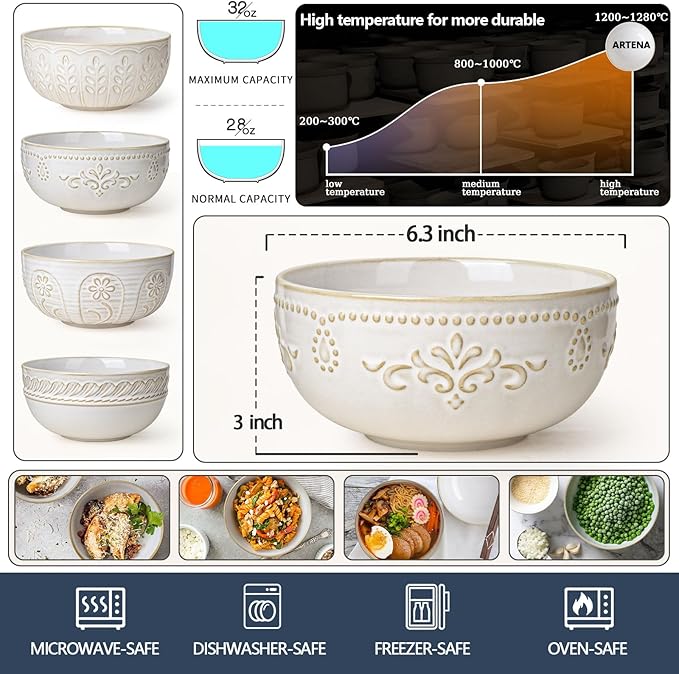 Artena Soup Bowls 32 OZ, Cereal Bowls Set of 4, Embossment Ceramic Ramen Bowls, 6.3 Inch White Salad Bowls, Large Dinner Bowls for Pho, Noodle, Pasta, Snacks, Dishwasher Microwave Safe, Damask Floral