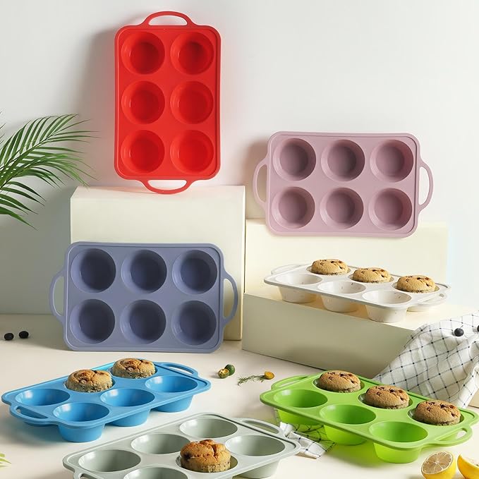 2 Packs 6 Cups Silicone Muffin Pan with Metal Reinforced Frame Jumbo Size Cupcake Pan Tray Egg Bites Silicone Circle Cookie Molds Muffin Tin Tart Pans Large Big Baking Sheet Set for Breakfast