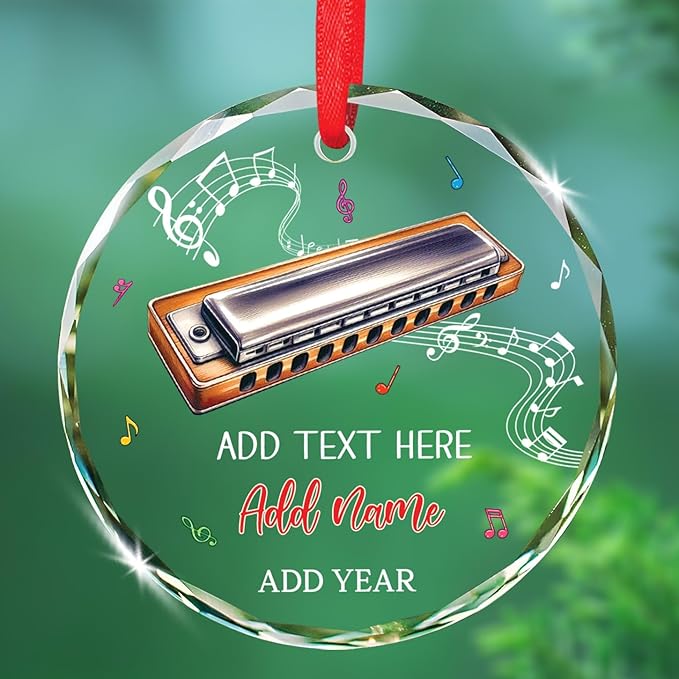 Harmonica Musical Instrument Glass Ornament Xmas 2025, Personalized Text & Name Instrument Christmas Ornament Gifts for Harmonica Player, Musician Xmas Keepsake, Custom Harmonicist Glass Ornaments