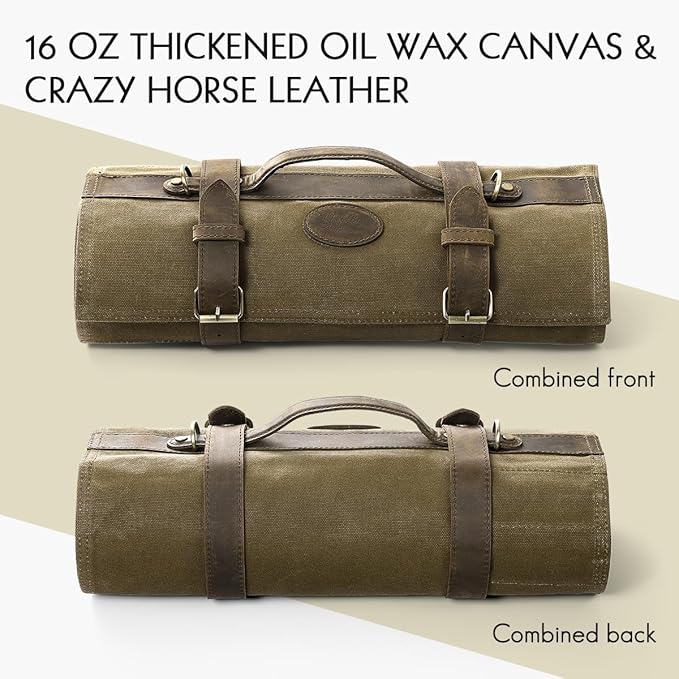HEZHEN Chef Knife Roll Bag 16oz Oil Waxed Canvas, Heavy Duty Portable Backpack Knife Case Storage, 12 Slots & 2 Zipper Pockets, Detachable Adjustable Leather Shoulder Strap Belt（Not Included Knives）