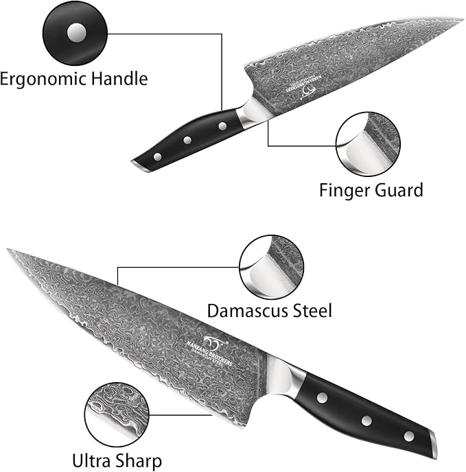 Damascus Knife Set with Block for Kitchen, VG10 Damascus Steel Kitchen Knife Set with Triple Rivet Handle, Chef Knife Set with Shears & Wooden Block, 7PCS