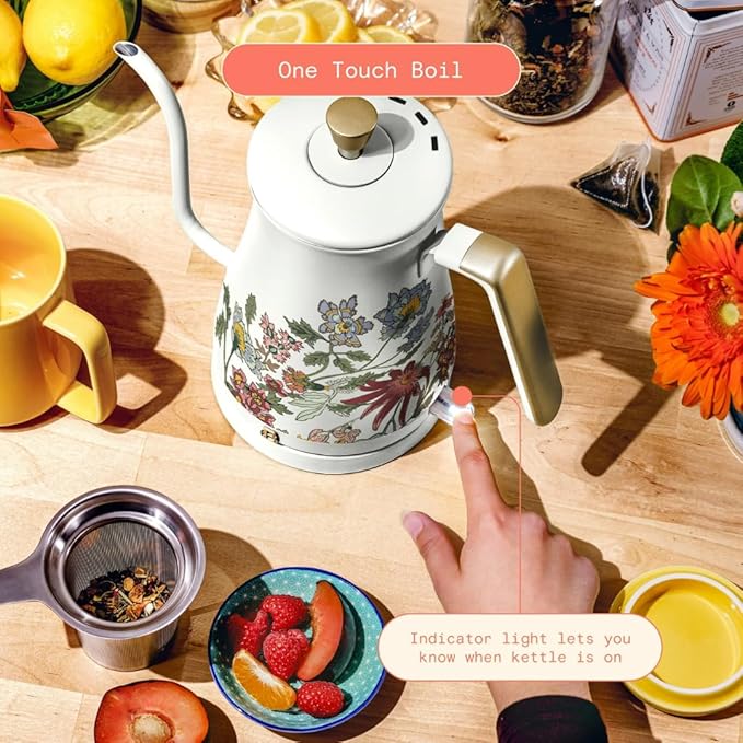Beautiful 1L Electric Gooseneck Kettle, Precision Pour Spout, 1200W Fast Boil, Auto Shut-Off, Cordless, Stainless Steel, Tea & Coffee Maker with Ergonomic Handle, Wildflower White Icing