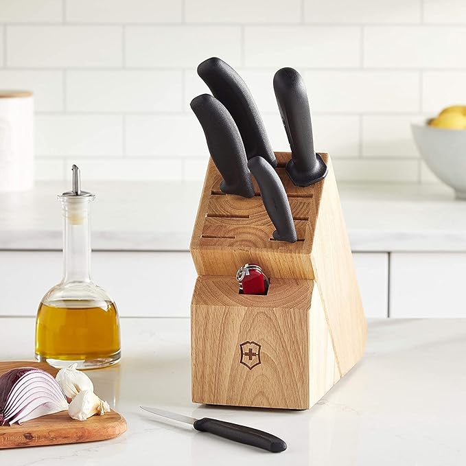 Victorinox Swiss Classic Knife Block - Kitchen Knife Set with Block for Home Essentials - Includes Chef's Knife, Bread Knife, Honing Steel & Pocket Knife - Black Handles, 7-Piece Set