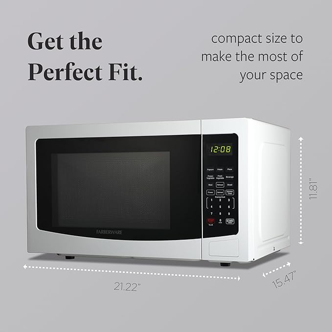 Farberware 1.1 Cu. Ft. Countertop Microwave Oven – 1000 Watts Power, Auto Cook Settings, Defrost, Easy Clean and Child Safety Lock-White