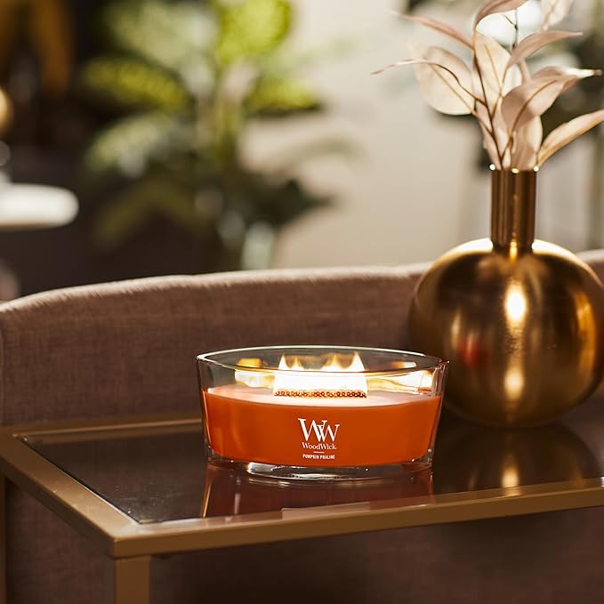 WoodWick Pumpkin Praline Holiday Candle Gifts for Women and Men, 16 oz Ellipse Candle with Crackling Wick