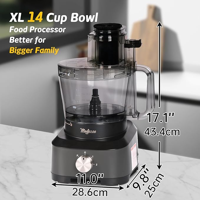 14-Cup French-Fry-Cutter Large Food-Processor - Large Feed Chute, Grey Color, Cheese Shredding, Meat Chopping, Shredding and Slicing, Mixing and Doughing, for Home Use