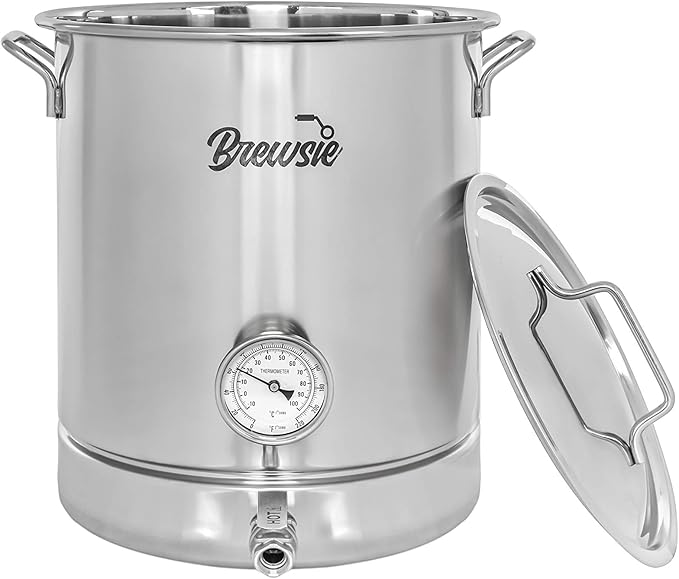 BREWSIE Stainless Steel Home Brew Kettle w/Dual Filtration. Equip with False Bottom Thermometer and Ball Valve for Brewing (8 Gal/ 32 QT)…