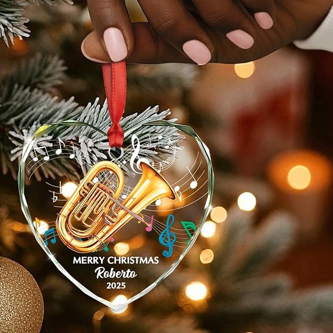 Personalized Year Text Name Tuba Instrument Glass Xmas Tree Ornament, Customized Tuba Lover Keepsake Ornaments Gift for Tubaist Daughter Son Husband Wife, Awesome Tubas Musical Instrument Ornament