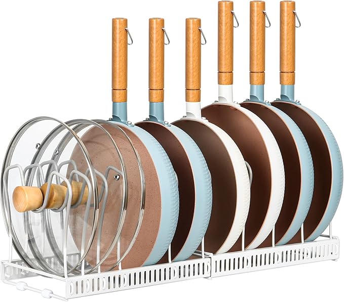 ROOHUA Pot Rack Organizer -Expandable Pot and Pan Organizer for Cabinet,Pot Lid Organizer Holder with 10 Adjustable Compartment for Kitchen Cabinet Cookware Baking Frying Rack