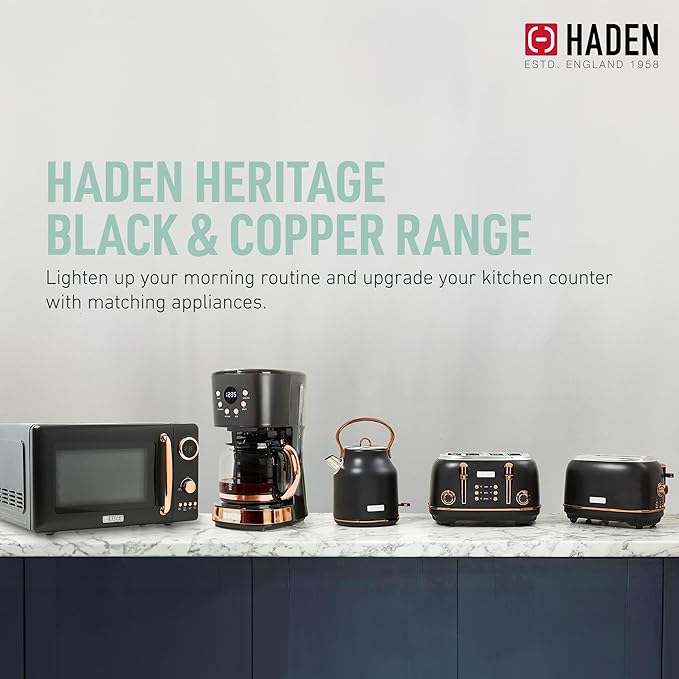 Haden Heritage 4 Slice Wide Slot Stainless Steel Toaster Bundled with 12 Cup Programmable Drip Coffee Maker Coffee Machine, Black & Copper