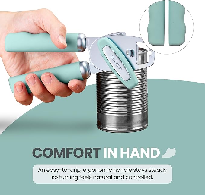 Zulay Kitchen Heavy Duty Stainless Steel Can Opener Manual with Bottle Opener - Rust Proof Manual Can Opener With Turn Knob & Comfy Soft Grip Handles - Mint
