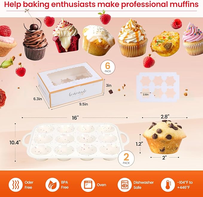 Silicone Muffin Pans for Baking with Metal Reinforced Frame 2 Pack with 6 Pack cupcake boxes（6 count）, Nonstick Silicone Cupcake Pan for Baking Homemade Muffins, Dishwasher Safe BPA Free