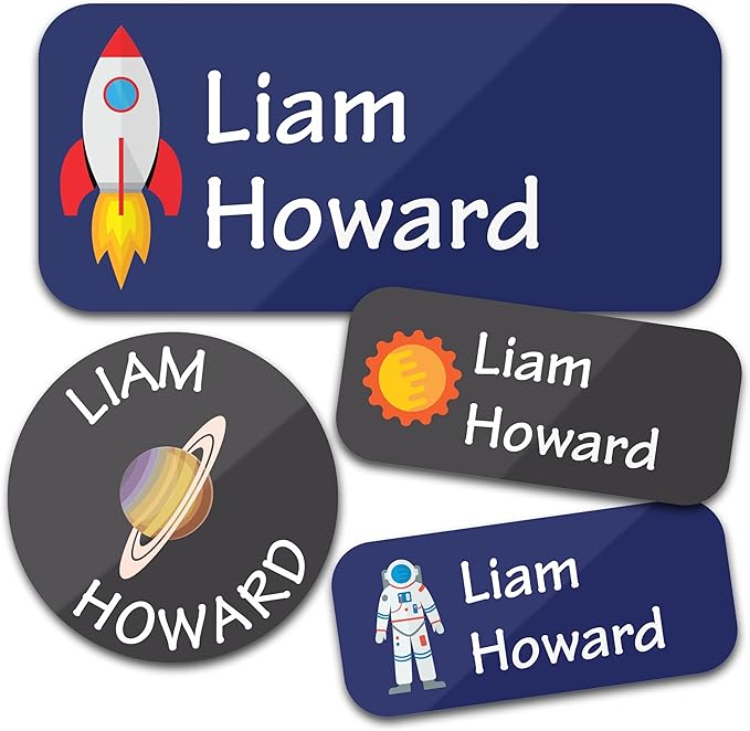 Personalized Daycare Name Labels for Kids (130 Labels) - Custom Waterproof Name Stickers for Clothing Tags, Water Bottles, Lunch Boxes and School Supplies (Space)