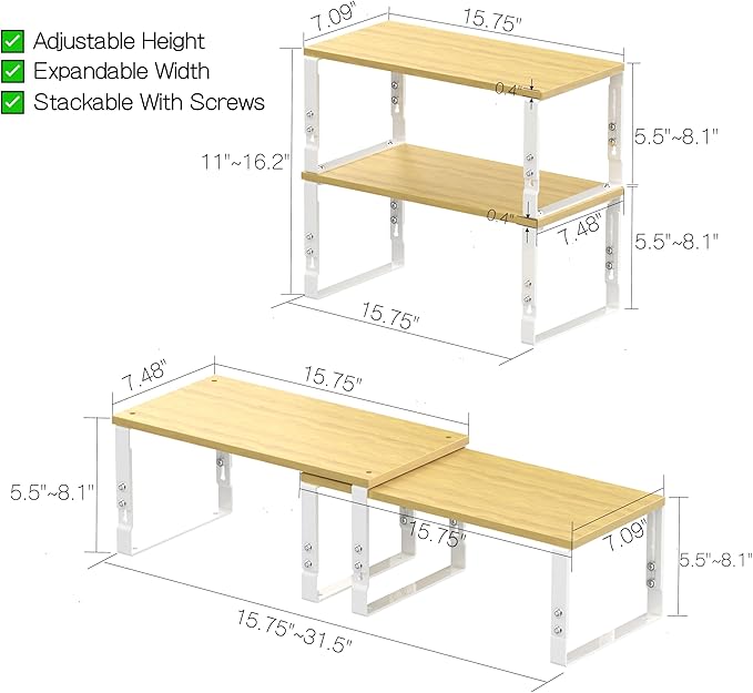 Adjustable Storage Shelves for Kitchen Cabinet Organization - Set of 2 Stackable Metal & Solid Wood Racks, Space-Saving Design for Countertop/Pantry/Garage, Easy Assembly(1 Pack/Large/White)
