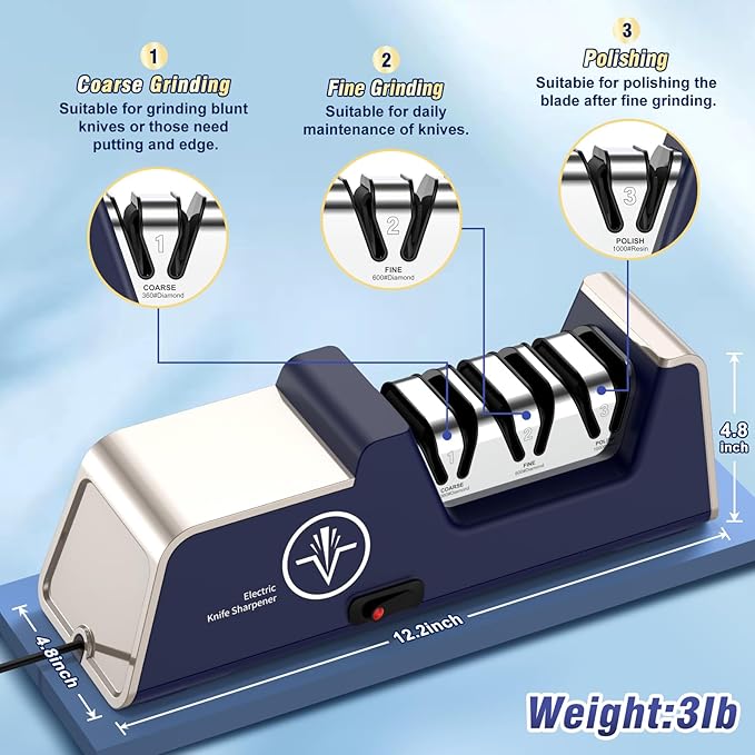 Electric Knife Sharpener for 15 to 20-Degree Knives 100% Diamond Abrasive Stropping Precision Guides for Straight&Serrated Edges&Ceramic Knife, Single&Double-bevel Knives, 3-Stage