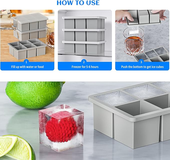 Large Ice Cube Tray for Whiskey, HANCELANT Big Silicone Square Ice Cube Mold with Removable Lid, 2'' Huge Square Ice Cubed Tray for Whisky and Cocktail