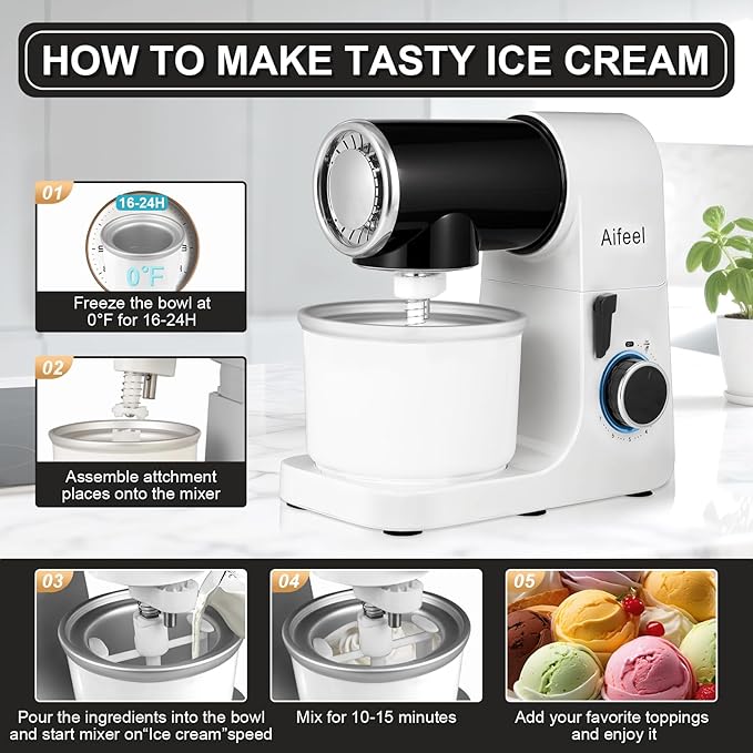 Aifeel Stand Mixer, 6.5QT Mixer with Ice Cream Maker Attachments, Kitchen Electric Mixer Multifunctional Bread Dough Mixer with Dough Hook,Whisk & Beater, Food Mixer for Baking (Black-White)