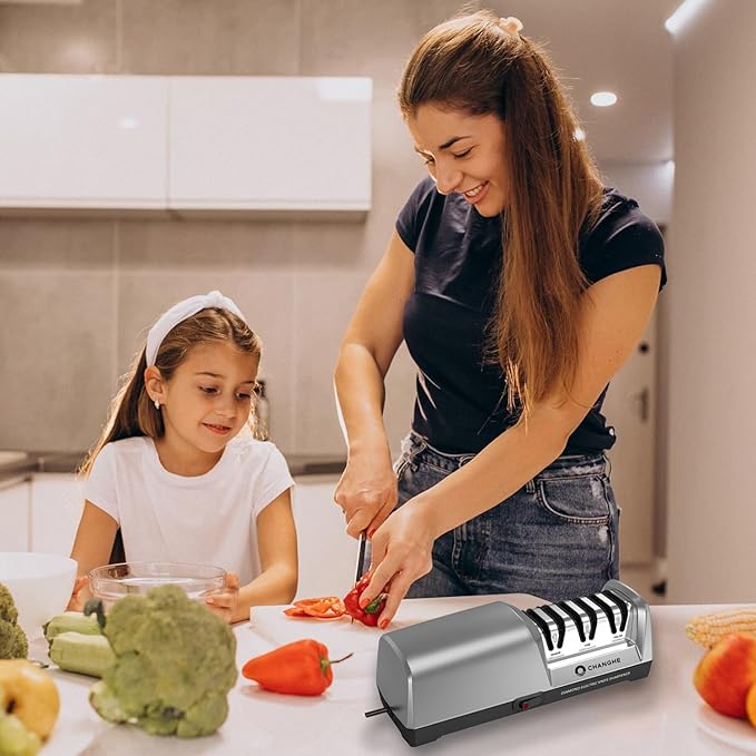 Electric Knife Sharpener 3 Stage - 100% Diamond Abrasives with 15°Precision Angle Guide, for Sharpening and Polishing Steel Kitchen Knives and Ceramic Knives,240 Grit and 600 Grit and 1000 Grit