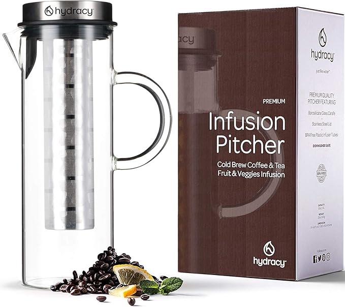 Cold Brew Coffee Maker - Large Glass Infusion Pitcher 1.6 Quarts 52oz - Iced Coffee & Iced Tea Pitcher with Stainless Steel Lid & Fruit Infusion Tube - Perfect for Home or Office