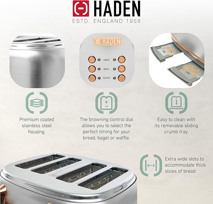 Haden Heritage 4 Slice Wide Slot Stainless Steel Toaster Bundled with 1.7 Liter Stainless Steel Electric Water Kettle, Steel & Copper