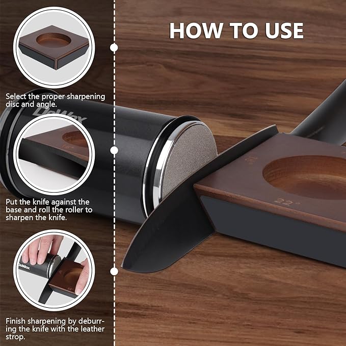Longer Rolling Knife Sharpener with Leather Strop, Upgraded Rolling Knife Sharpening with 4 Degree Angle and 4PCS Replaceable Honing Discs, Easy to Sharpen Ktichen Knives, Black
